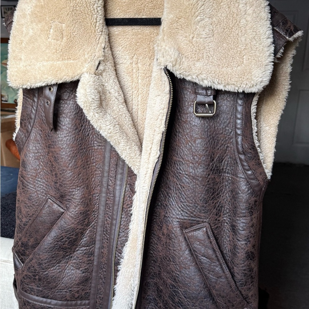 We The Free Brown Leather Vest with Cream Shearling